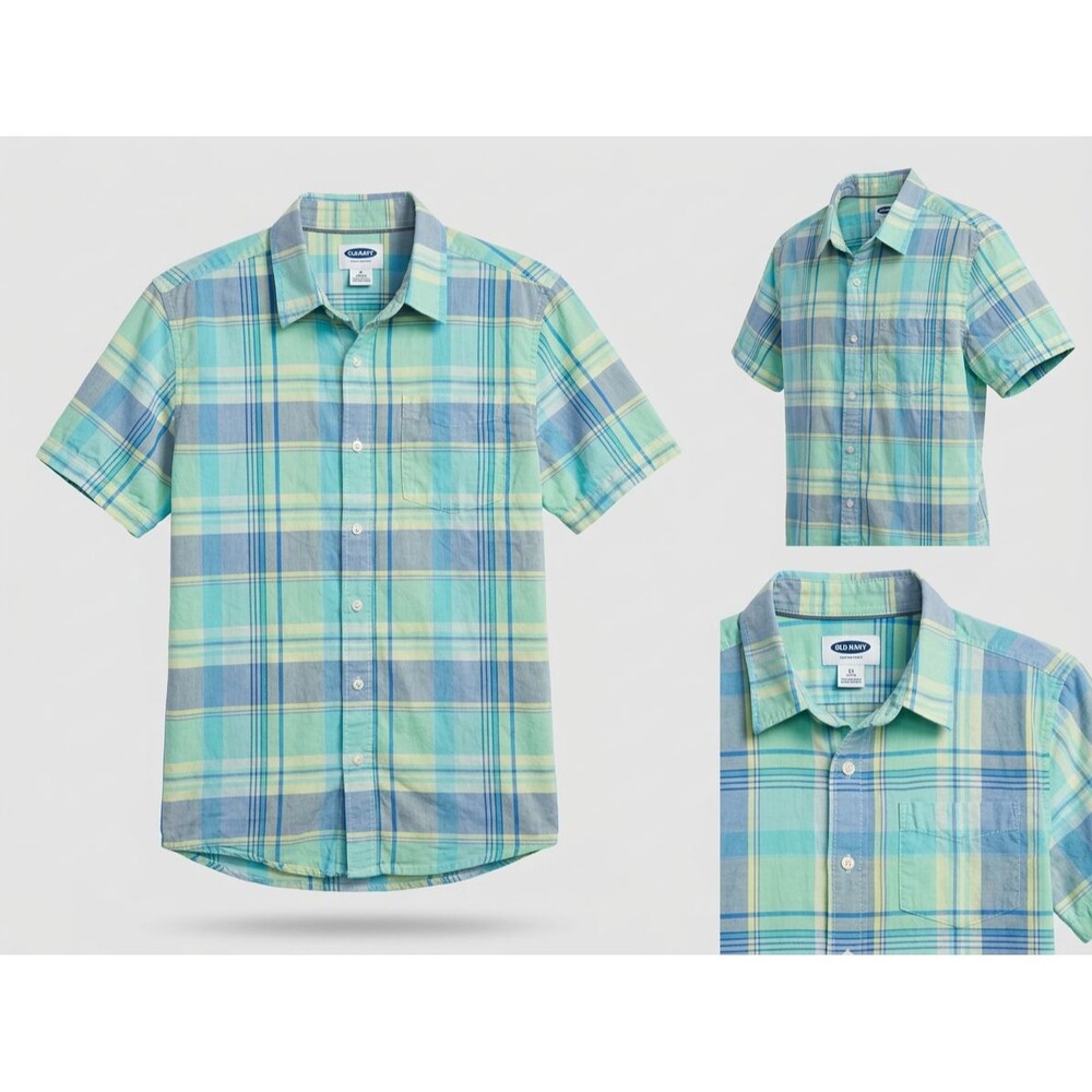 Boys Old Navy Blue Green Plaid Short Sleeve Shirt Size XL 14-16